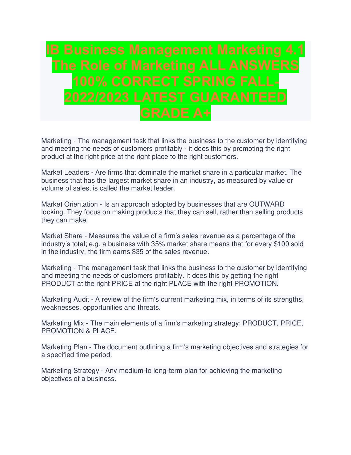 Preview image for B Business Management Marketing 4.1 The Role of Marketing ALL ANSWERS 100% CORRECT SPRING FALL- 2022/2023 LATEST GUARANTEED GRADE A+